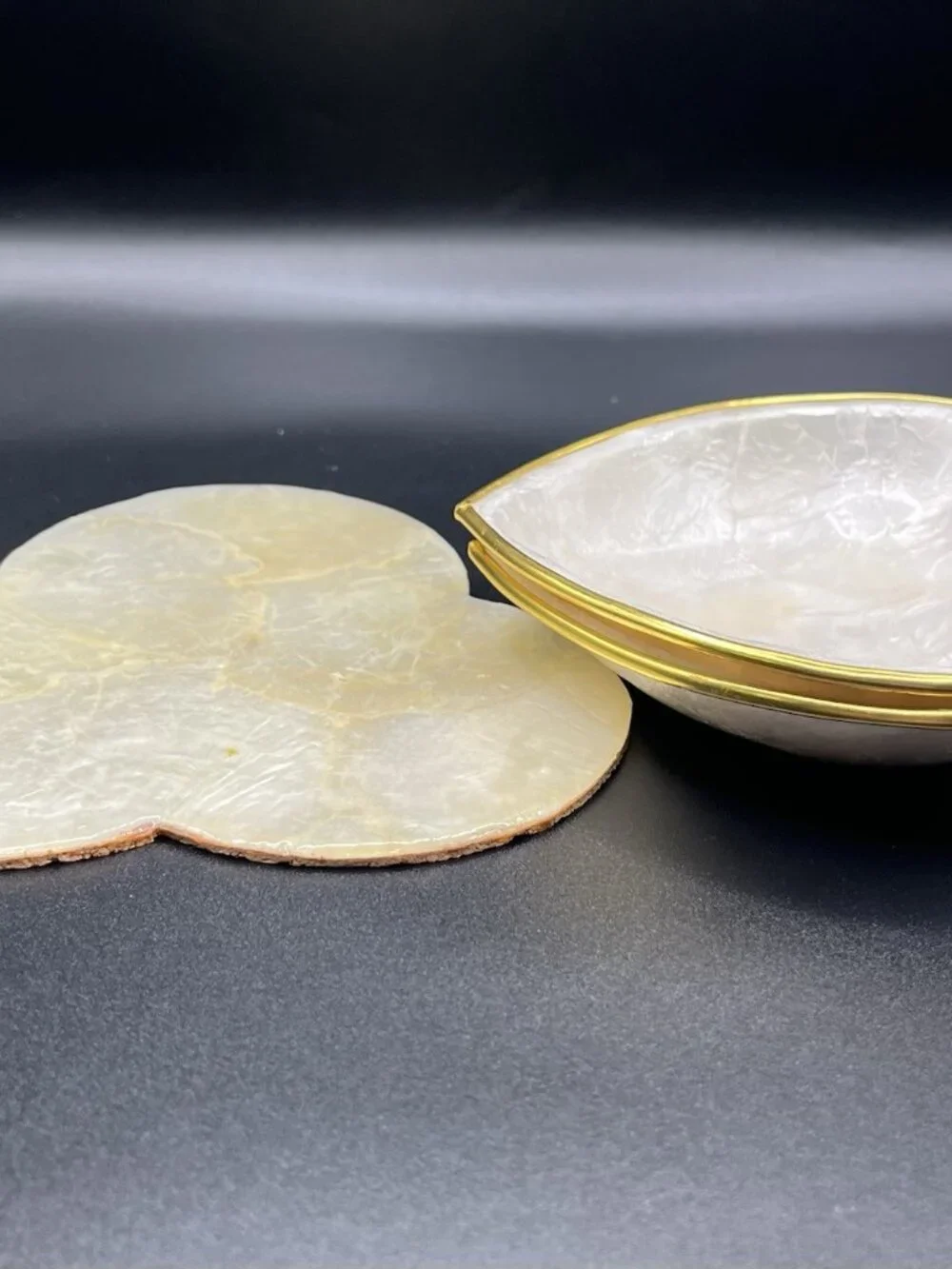 VTG Capiz Shell Heart Trinket Bowls & Plate Set Gold Trim Philippines Cottage